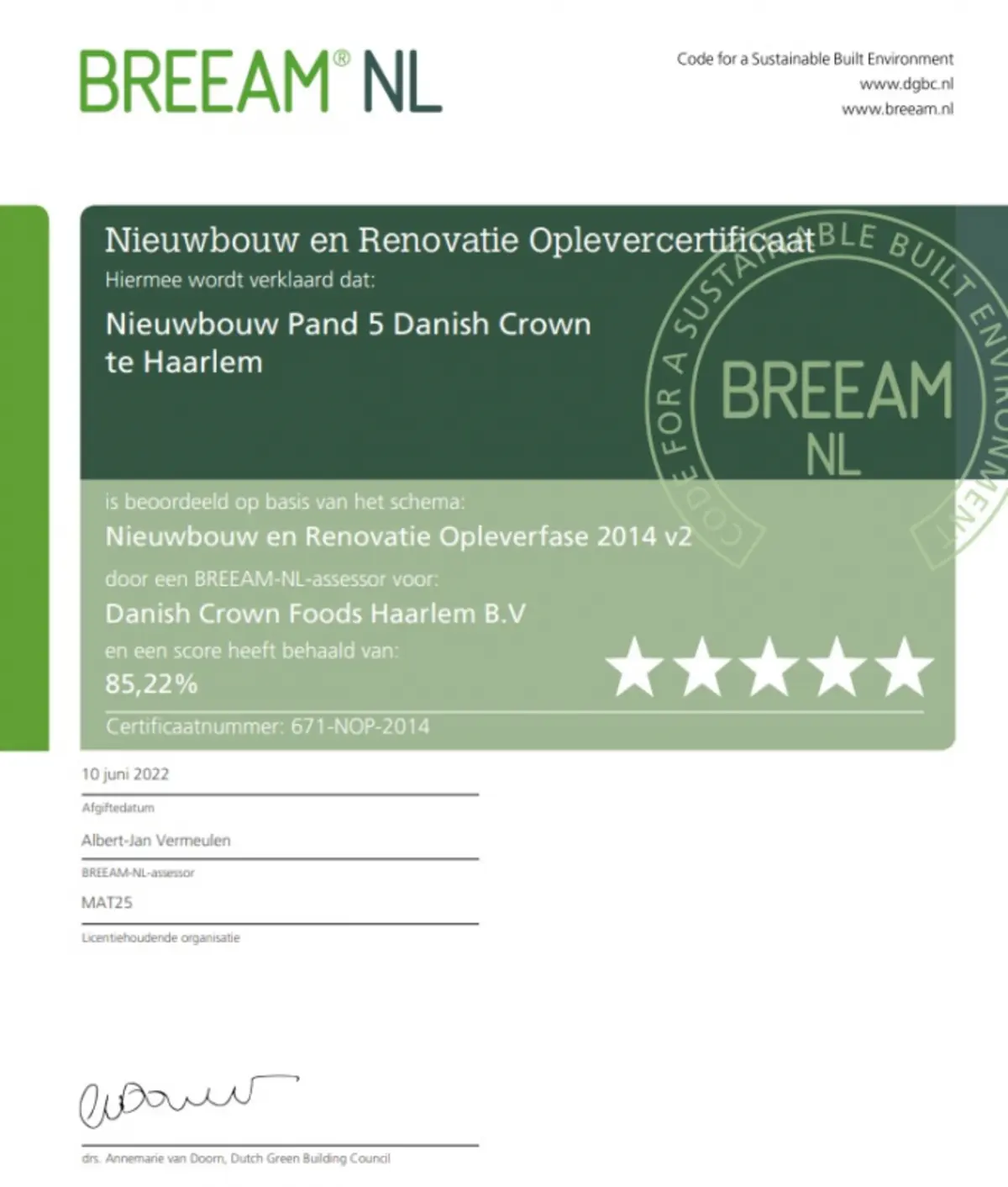 Afbeelding bij certificaat breeam outstanding voor danish crown foods (vh zandbergen) in haarlem